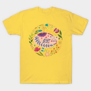 colorful illustration with beautiful cat and flowers #1 T-Shirt